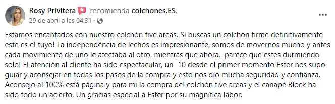 Valoración colchón Five Areas de Colchones.es