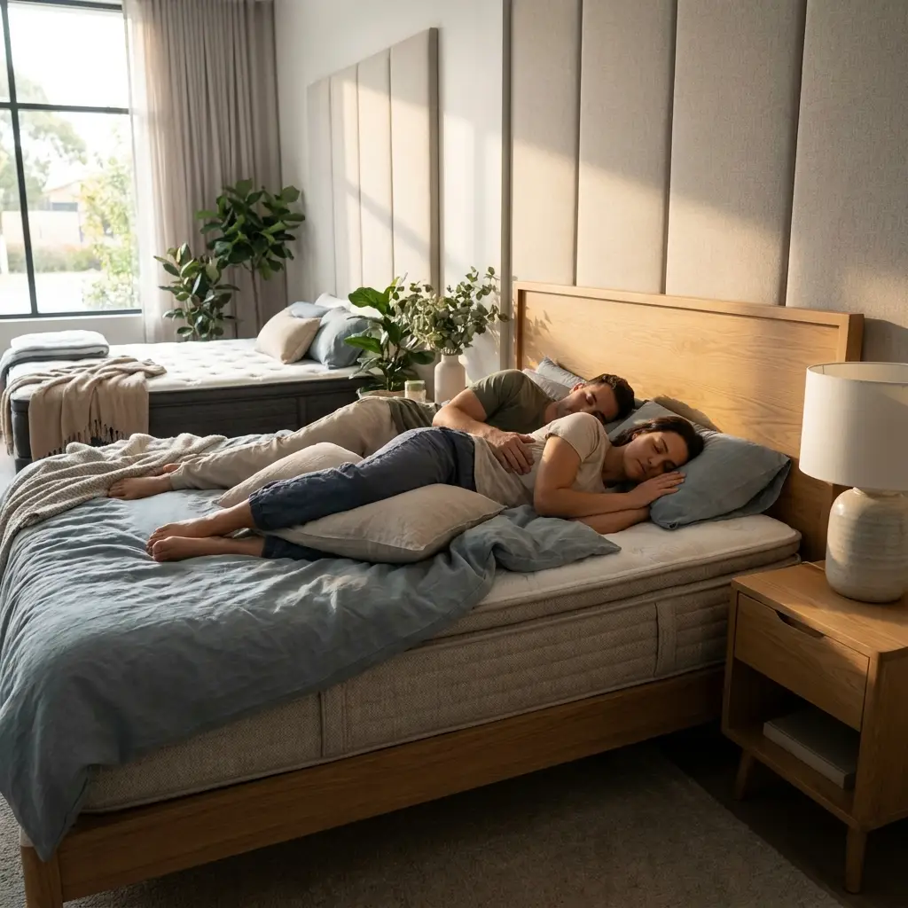 Persona descansando de lado sobre un colchón de firmeza media con buena alineación lumbar, dormitorio sereno, luz natural suave, texturas realistas en ropa de cama y tapizado, ambiente limpio y relajante, no text